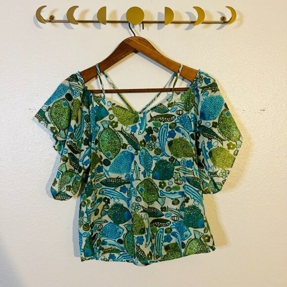 Anthropologie Vanessa Virginia Silk Fish Print Off Shoulder Blouse - Picture 5 of 12